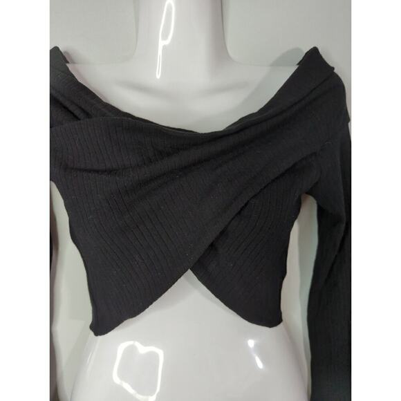 LNA Una Top Black Tencel Blend Ribbed Long Sleeve Wide Neck Cropped Top Size M - Picture 5 of 10